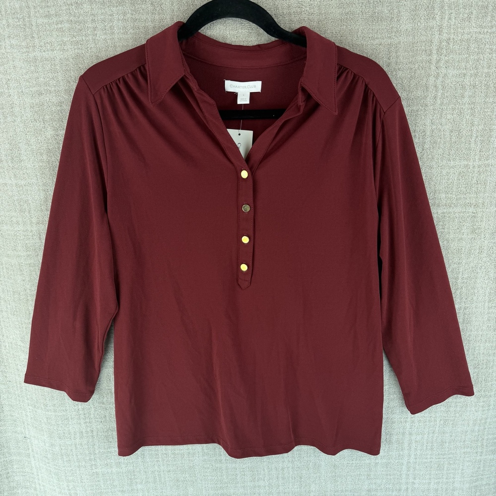 Charter Club Blouse Womens L Red Jersey Collared 3/4 Sleeve Stretch Pullover